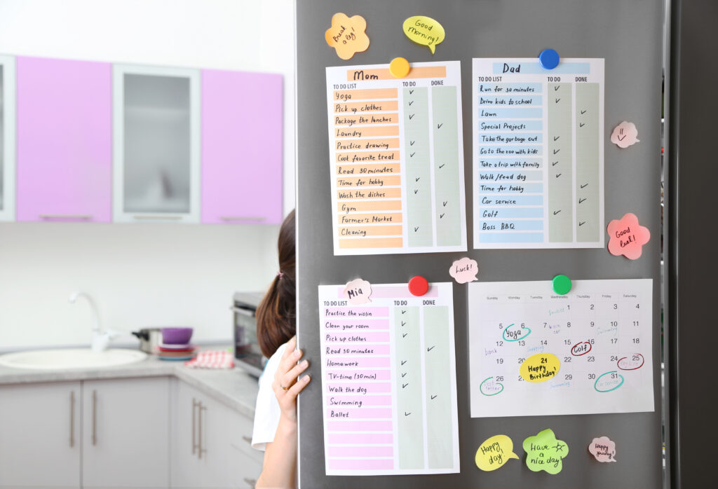 Family calendar filled with lists and appointments, representing busy lifestyles shaped by the convenience economy. 